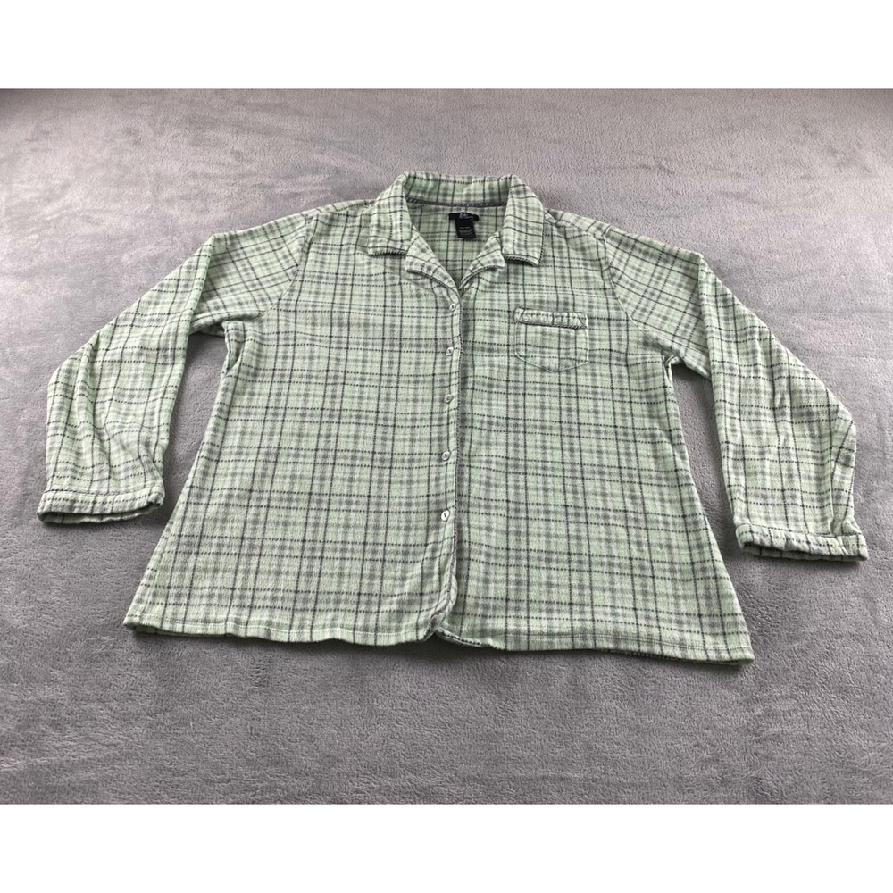 Aria Collection Green Plaid Fleece Pajama Top Womens XL Button Front 759563